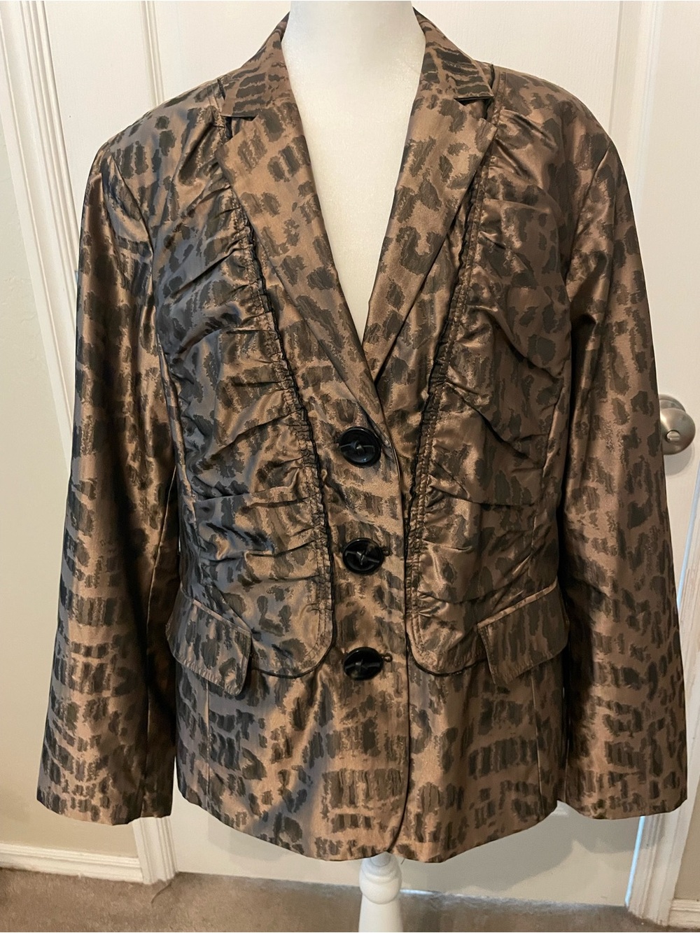 Chico's Brown Metallic Animal-Print Ruffle Blazer